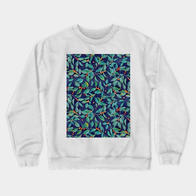 Leaves + Berries in Navy Blue, Teal & Tangerine Crewneck Sweatshirt by micklyn